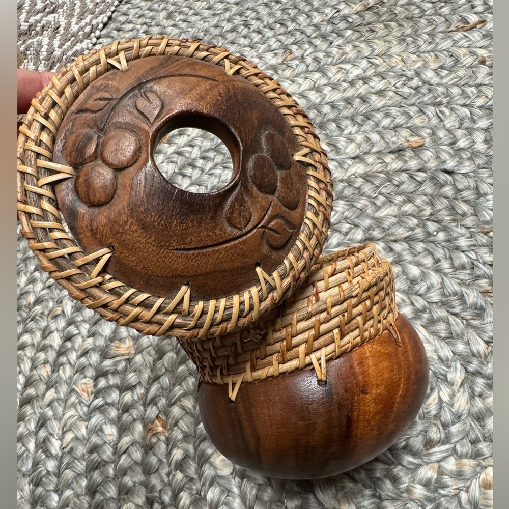 Vintage Hand-Carved Wood & Woven Rattan Lidded Jar